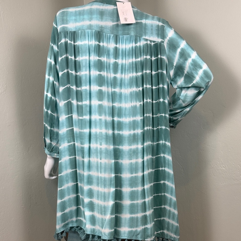 Olivaceous Tie Dye & Tassel Green White Tunic Beach Resort Vacation Size Large - Picture 3 of 4
